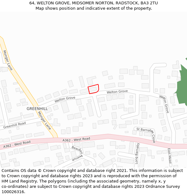64, WELTON GROVE, MIDSOMER NORTON, RADSTOCK, BA3 2TU: Location map and indicative extent of plot
