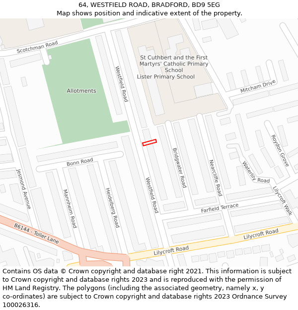 64, WESTFIELD ROAD, BRADFORD, BD9 5EG: Location map and indicative extent of plot