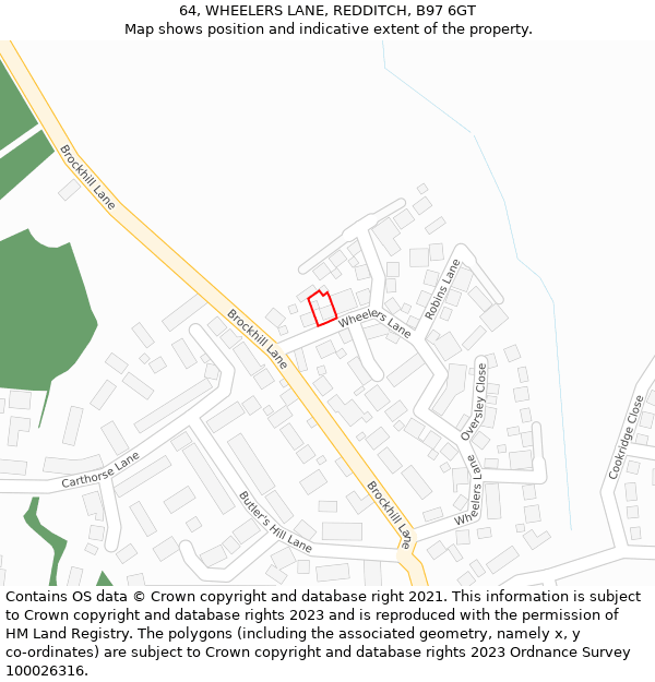 64, WHEELERS LANE, REDDITCH, B97 6GT: Location map and indicative extent of plot