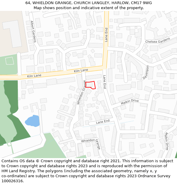 64, WHIELDON GRANGE, CHURCH LANGLEY, HARLOW, CM17 9WG: Location map and indicative extent of plot
