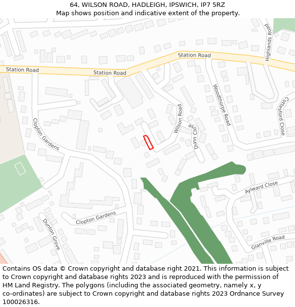 64, WILSON ROAD, HADLEIGH, IPSWICH, IP7 5RZ: Location map and indicative extent of plot
