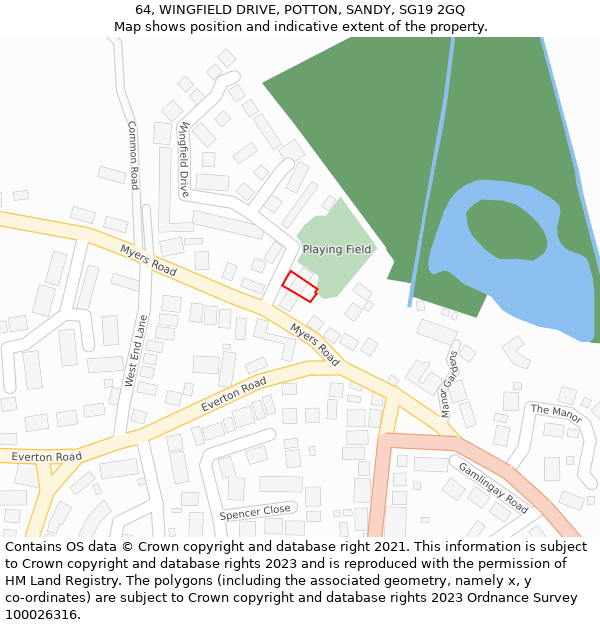 64, WINGFIELD DRIVE, POTTON, SANDY, SG19 2GQ: Location map and indicative extent of plot