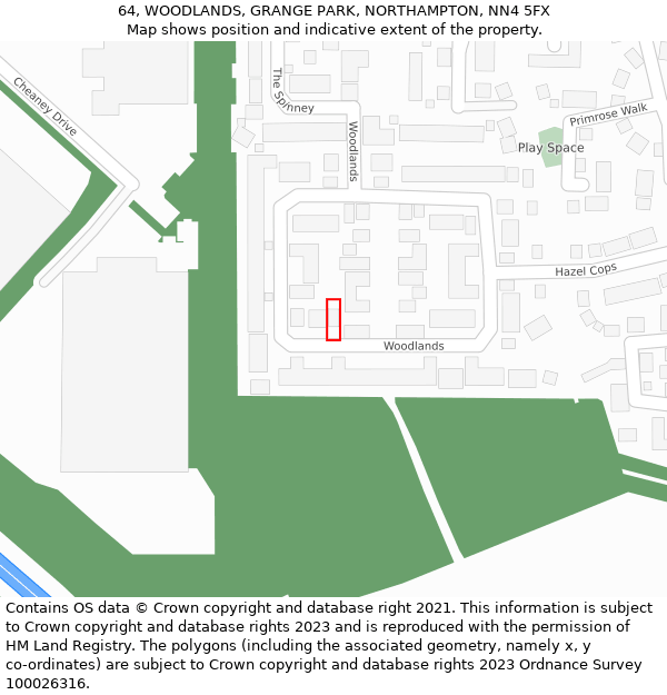 64, WOODLANDS, GRANGE PARK, NORTHAMPTON, NN4 5FX: Location map and indicative extent of plot