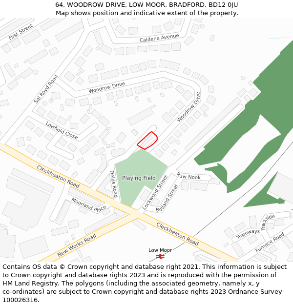 64, WOODROW DRIVE, LOW MOOR, BRADFORD, BD12 0JU: Location map and indicative extent of plot