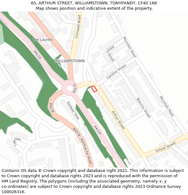 65, ARTHUR STREET, WILLIAMSTOWN, TONYPANDY, CF40 1NE: Location map and indicative extent of plot