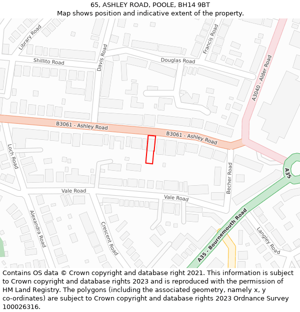 65, ASHLEY ROAD, POOLE, BH14 9BT: Location map and indicative extent of plot