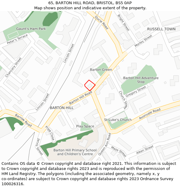 65, BARTON HILL ROAD, BRISTOL, BS5 0AP: Location map and indicative extent of plot
