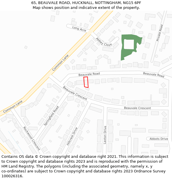 65, BEAUVALE ROAD, HUCKNALL, NOTTINGHAM, NG15 6PF: Location map and indicative extent of plot