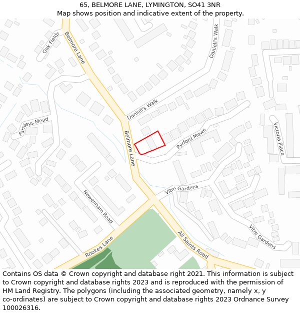 65, BELMORE LANE, LYMINGTON, SO41 3NR: Location map and indicative extent of plot