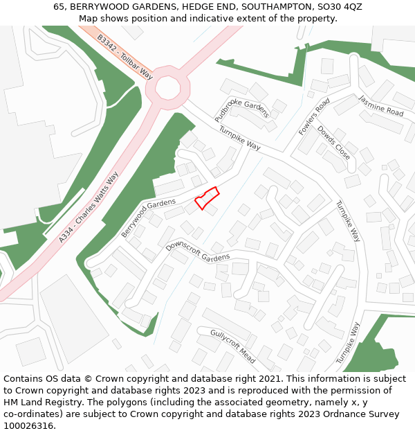 65, BERRYWOOD GARDENS, HEDGE END, SOUTHAMPTON, SO30 4QZ: Location map and indicative extent of plot