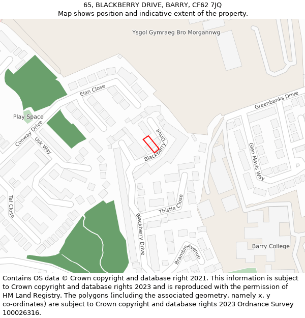 65, BLACKBERRY DRIVE, BARRY, CF62 7JQ: Location map and indicative extent of plot