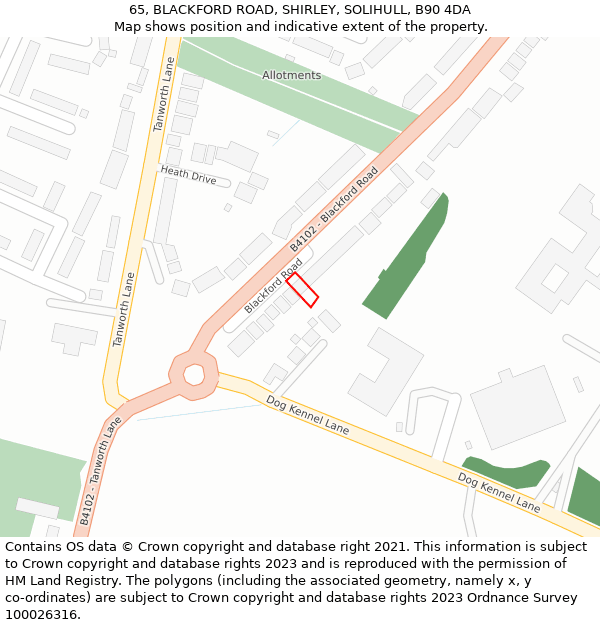 65, BLACKFORD ROAD, SHIRLEY, SOLIHULL, B90 4DA: Location map and indicative extent of plot