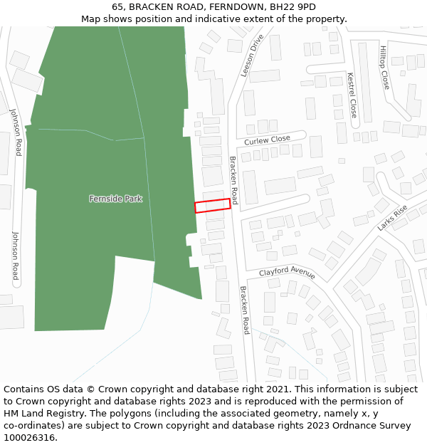 65, BRACKEN ROAD, FERNDOWN, BH22 9PD: Location map and indicative extent of plot