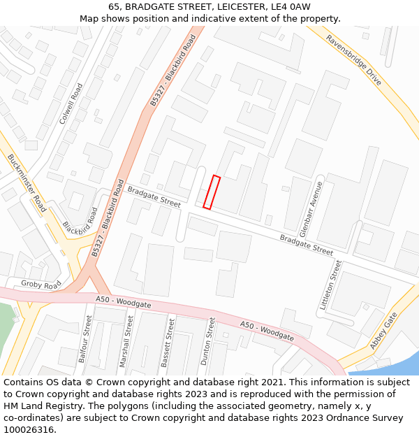 65, BRADGATE STREET, LEICESTER, LE4 0AW: Location map and indicative extent of plot
