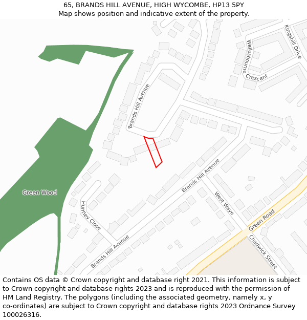 65, BRANDS HILL AVENUE, HIGH WYCOMBE, HP13 5PY: Location map and indicative extent of plot