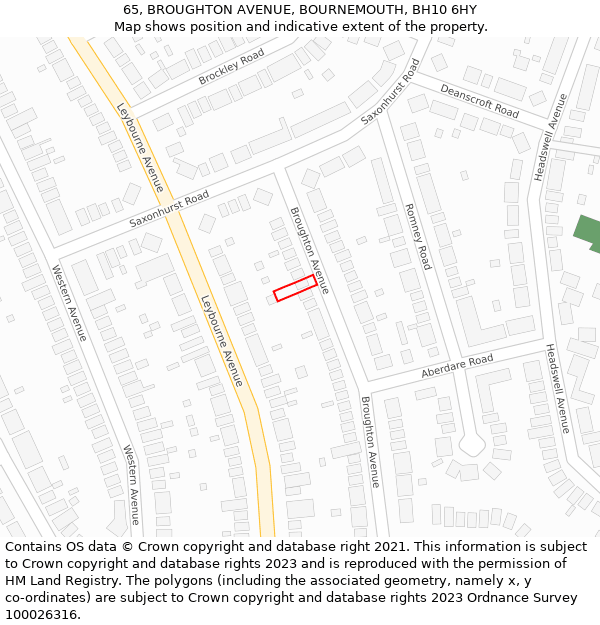 65, BROUGHTON AVENUE, BOURNEMOUTH, BH10 6HY: Location map and indicative extent of plot