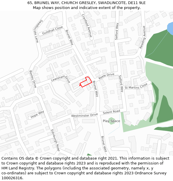 65, BRUNEL WAY, CHURCH GRESLEY, SWADLINCOTE, DE11 9LE: Location map and indicative extent of plot