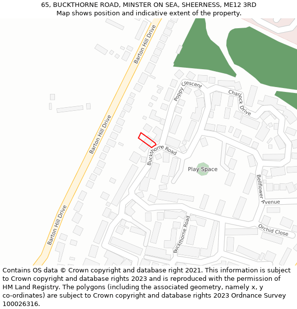 65, BUCKTHORNE ROAD, MINSTER ON SEA, SHEERNESS, ME12 3RD: Location map and indicative extent of plot