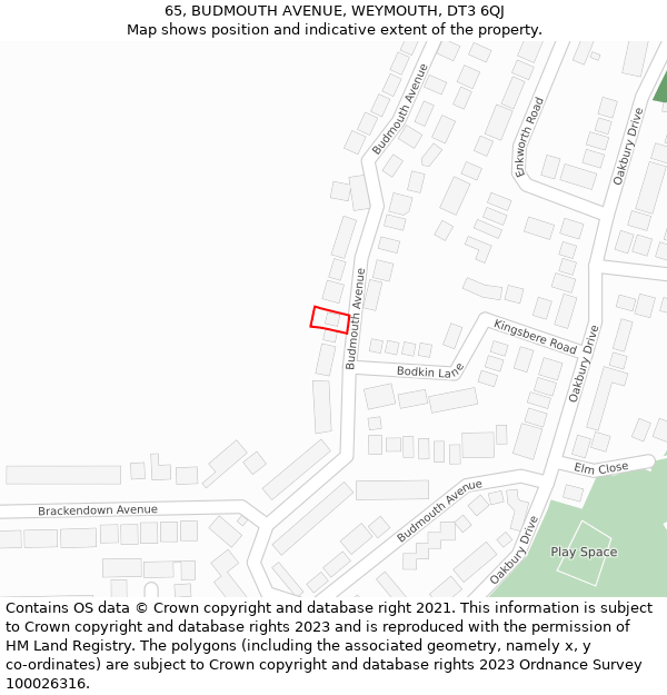 65, BUDMOUTH AVENUE, WEYMOUTH, DT3 6QJ: Location map and indicative extent of plot