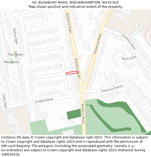 65, BUSHBURY ROAD, WOLVERHAMPTON, WV10 0LZ: Location map and indicative extent of plot
