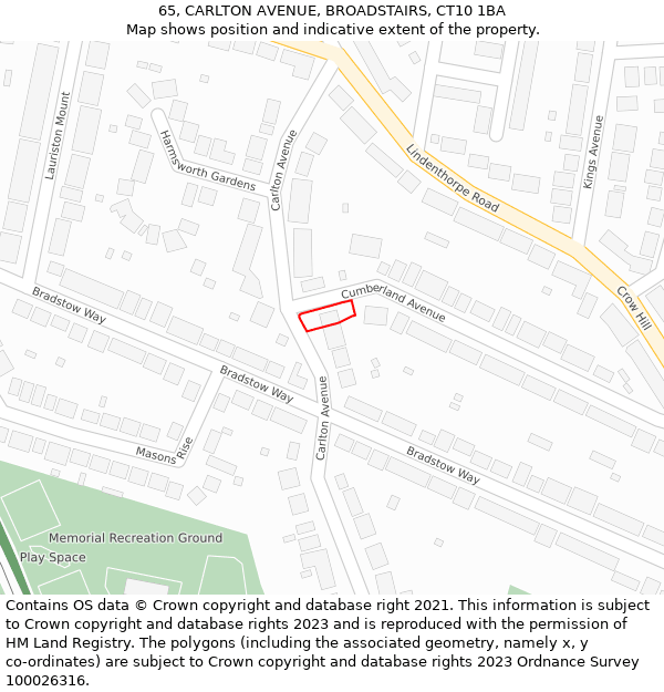 65, CARLTON AVENUE, BROADSTAIRS, CT10 1BA: Location map and indicative extent of plot