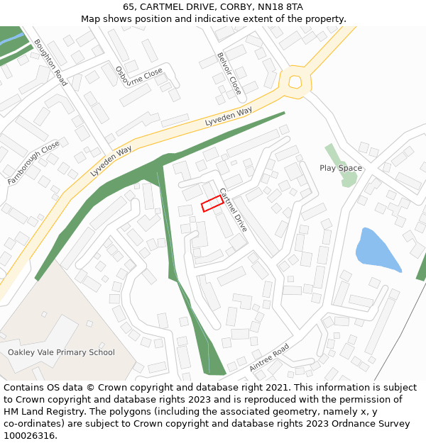 65, CARTMEL DRIVE, CORBY, NN18 8TA: Location map and indicative extent of plot