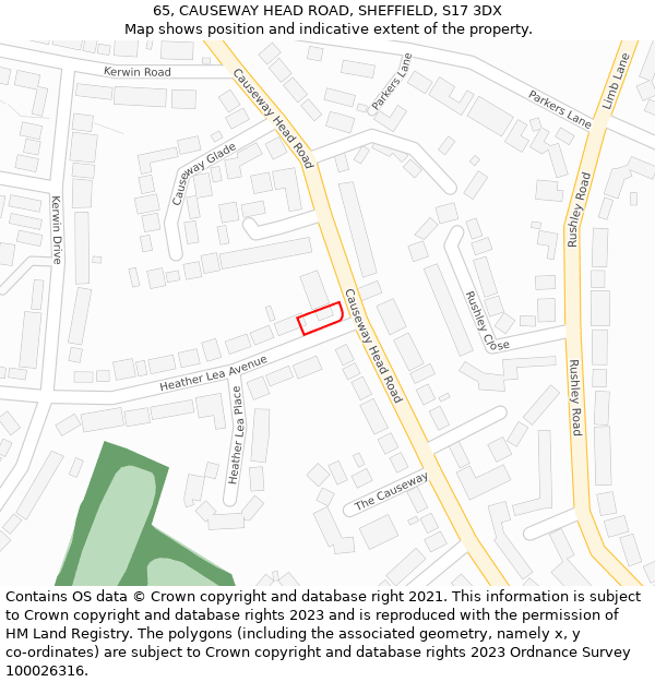 65, CAUSEWAY HEAD ROAD, SHEFFIELD, S17 3DX: Location map and indicative extent of plot