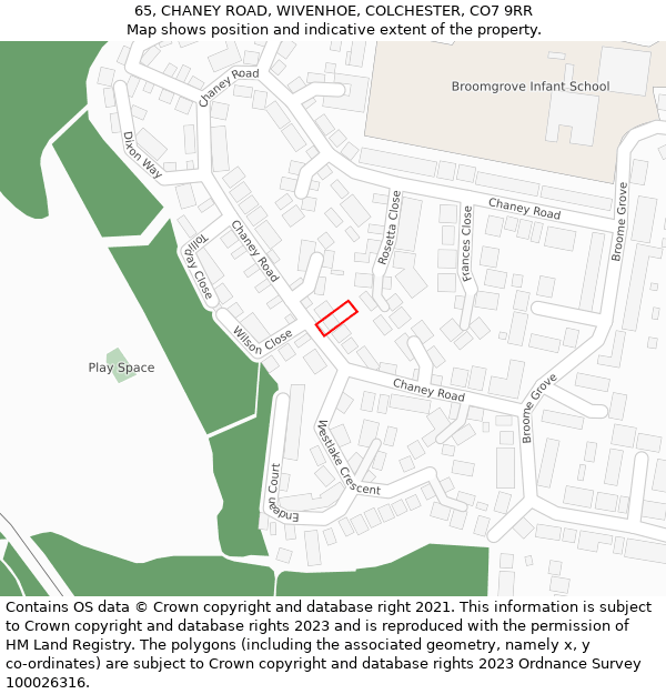 65, CHANEY ROAD, WIVENHOE, COLCHESTER, CO7 9RR: Location map and indicative extent of plot