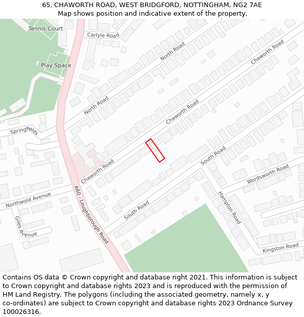 65, CHAWORTH ROAD, WEST BRIDGFORD, NOTTINGHAM, NG2 7AE: Location map and indicative extent of plot