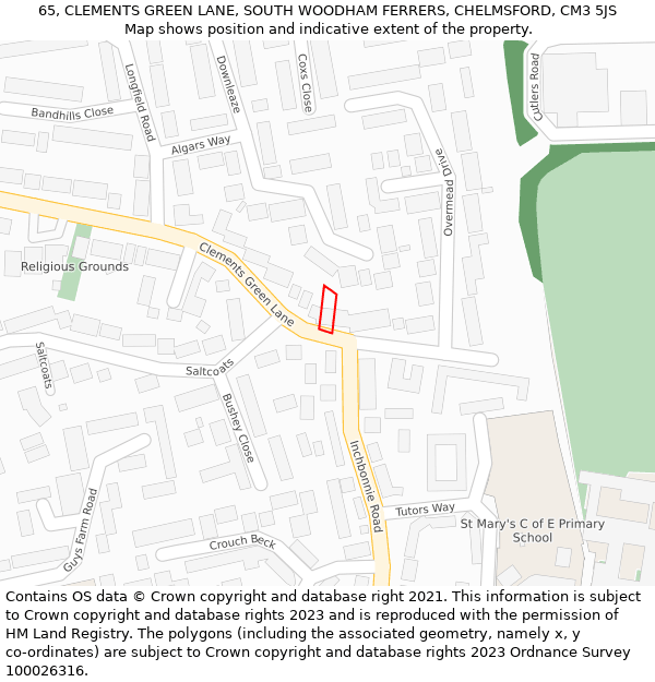 65, CLEMENTS GREEN LANE, SOUTH WOODHAM FERRERS, CHELMSFORD, CM3 5JS: Location map and indicative extent of plot