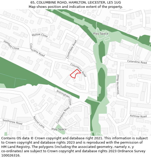 65, COLUMBINE ROAD, HAMILTON, LEICESTER, LE5 1UG: Location map and indicative extent of plot