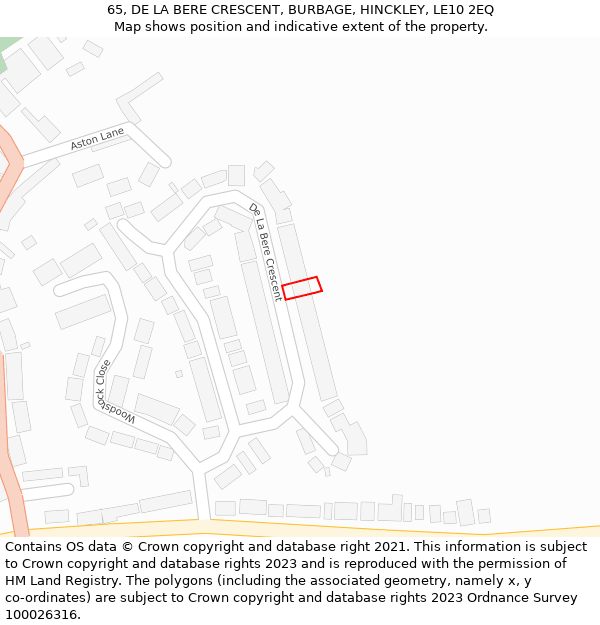 65, DE LA BERE CRESCENT, BURBAGE, HINCKLEY, LE10 2EQ: Location map and indicative extent of plot