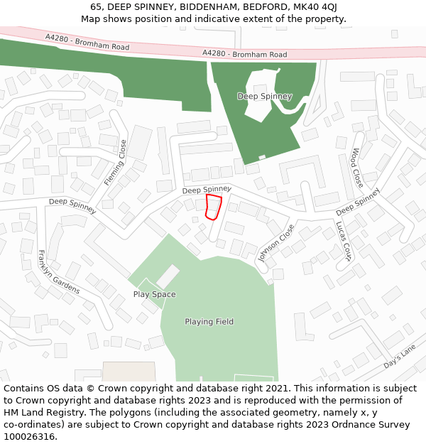 65, DEEP SPINNEY, BIDDENHAM, BEDFORD, MK40 4QJ: Location map and indicative extent of plot