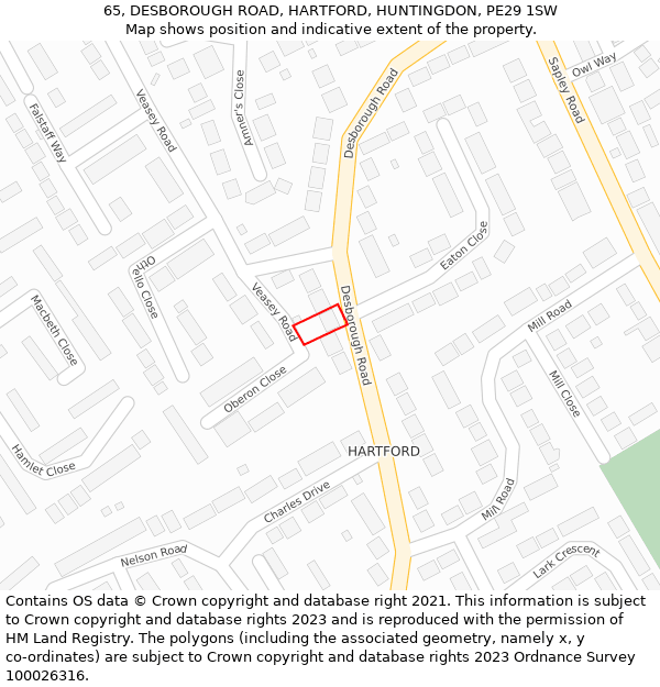 65, DESBOROUGH ROAD, HARTFORD, HUNTINGDON, PE29 1SW: Location map and indicative extent of plot