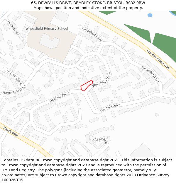 65, DEWFALLS DRIVE, BRADLEY STOKE, BRISTOL, BS32 9BW: Location map and indicative extent of plot