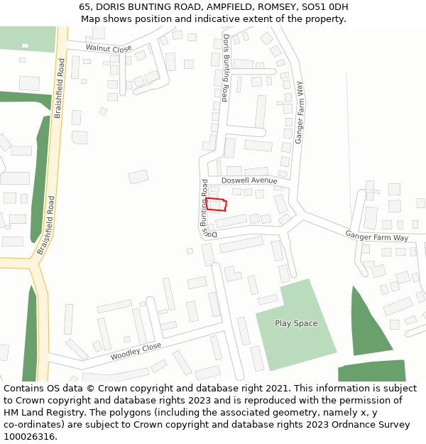 65, DORIS BUNTING ROAD, AMPFIELD, ROMSEY, SO51 0DH: Location map and indicative extent of plot