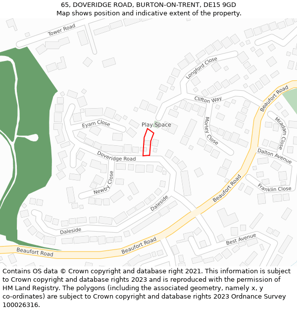 65, DOVERIDGE ROAD, BURTON-ON-TRENT, DE15 9GD: Location map and indicative extent of plot