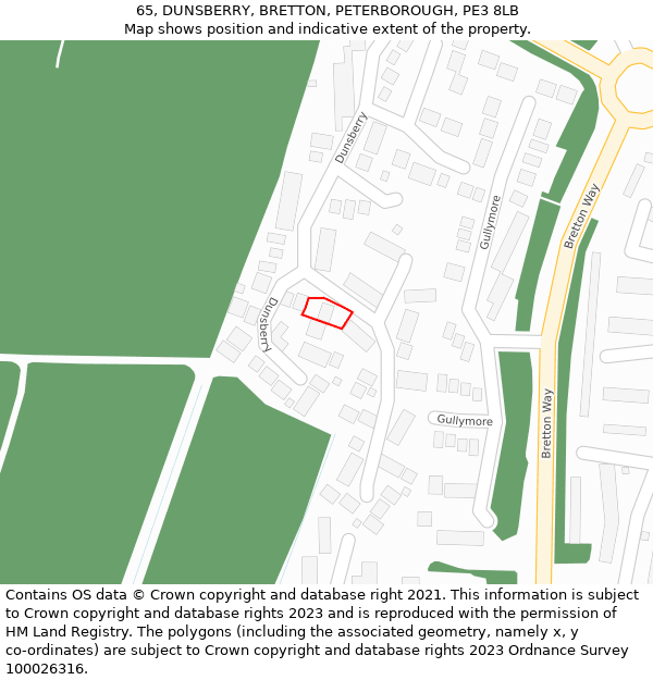 65, DUNSBERRY, BRETTON, PETERBOROUGH, PE3 8LB: Location map and indicative extent of plot