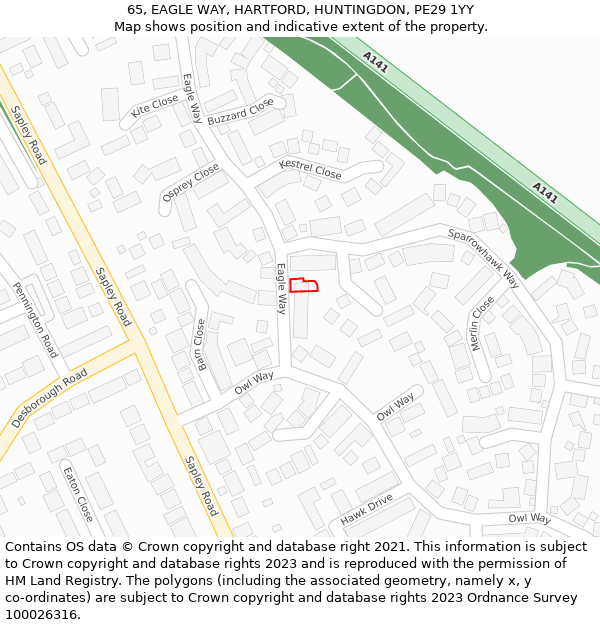 65, EAGLE WAY, HARTFORD, HUNTINGDON, PE29 1YY: Location map and indicative extent of plot