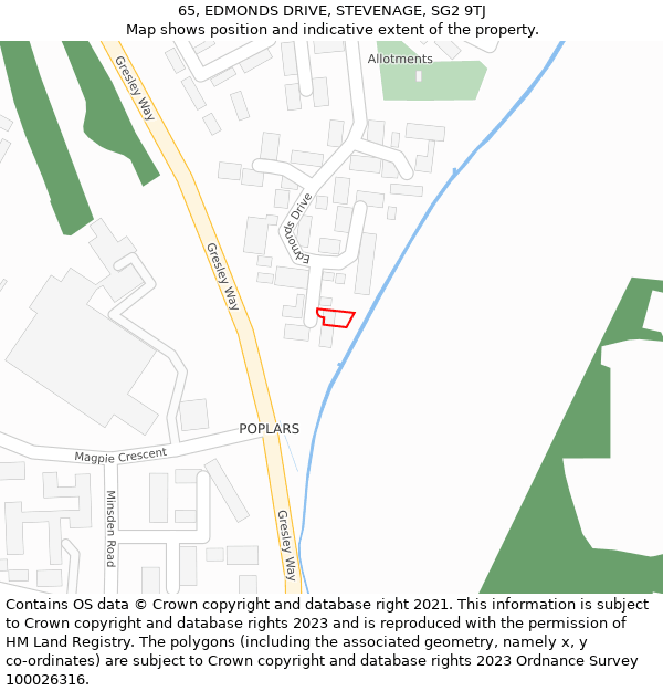 65, EDMONDS DRIVE, STEVENAGE, SG2 9TJ: Location map and indicative extent of plot