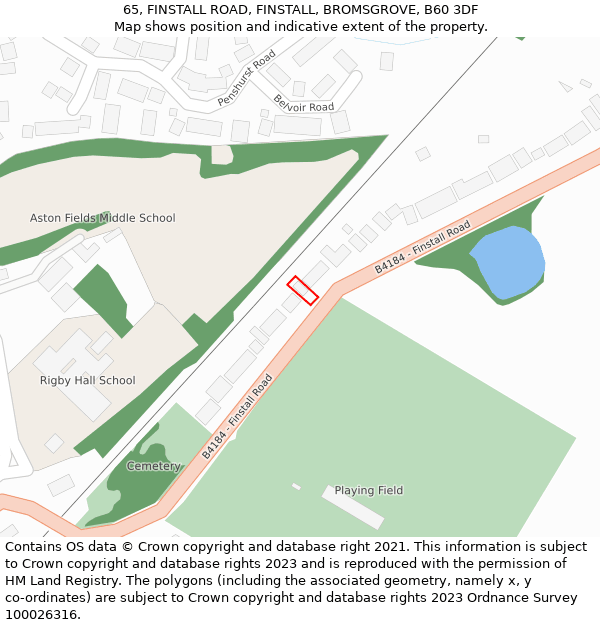 65, FINSTALL ROAD, FINSTALL, BROMSGROVE, B60 3DF: Location map and indicative extent of plot