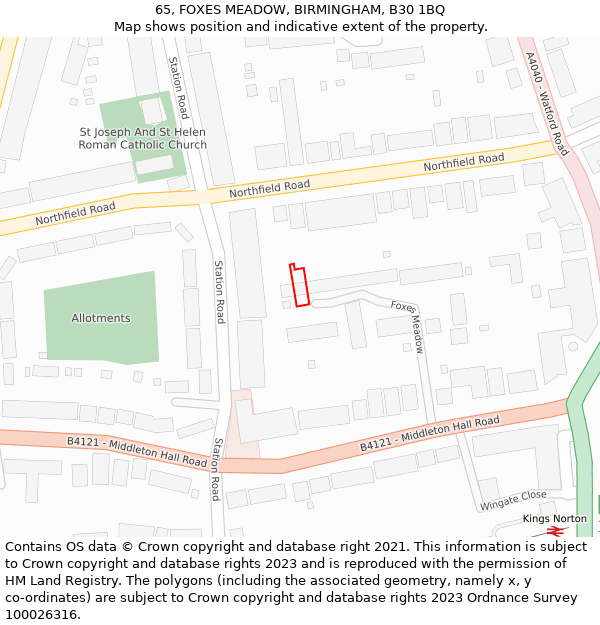65, FOXES MEADOW, BIRMINGHAM, B30 1BQ: Location map and indicative extent of plot