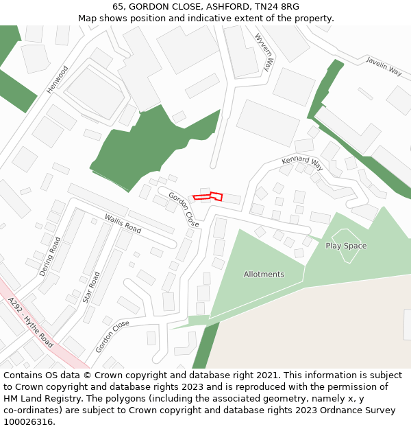65, GORDON CLOSE, ASHFORD, TN24 8RG: Location map and indicative extent of plot
