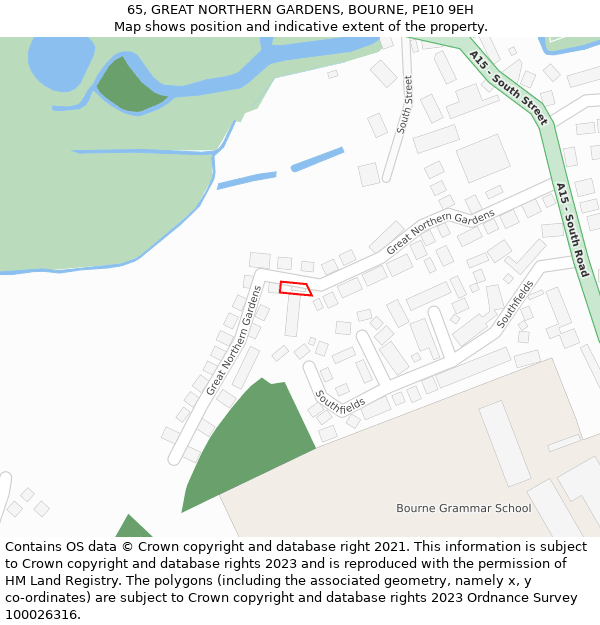 65, GREAT NORTHERN GARDENS, BOURNE, PE10 9EH: Location map and indicative extent of plot