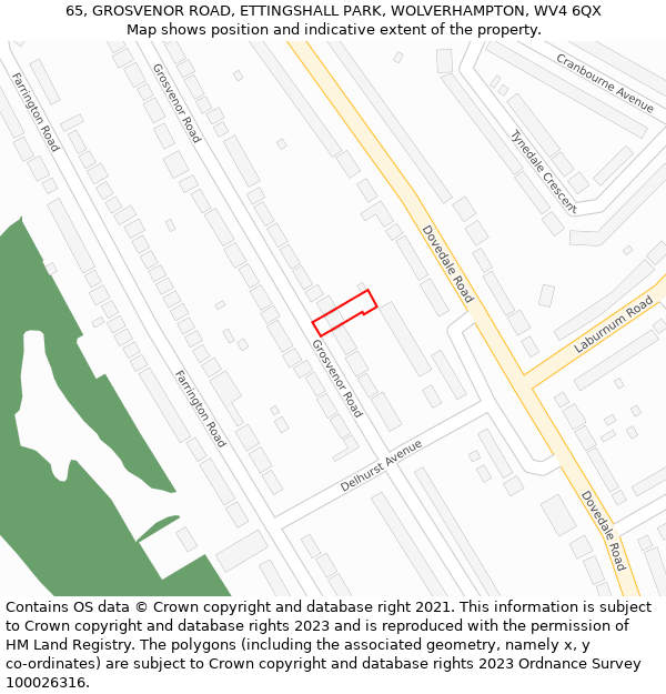 65, GROSVENOR ROAD, ETTINGSHALL PARK, WOLVERHAMPTON, WV4 6QX: Location map and indicative extent of plot