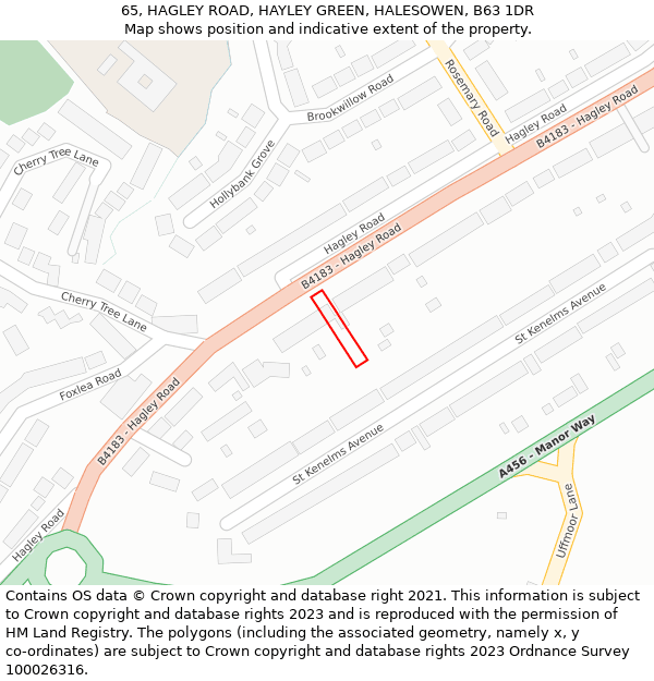 65, HAGLEY ROAD, HAYLEY GREEN, HALESOWEN, B63 1DR: Location map and indicative extent of plot