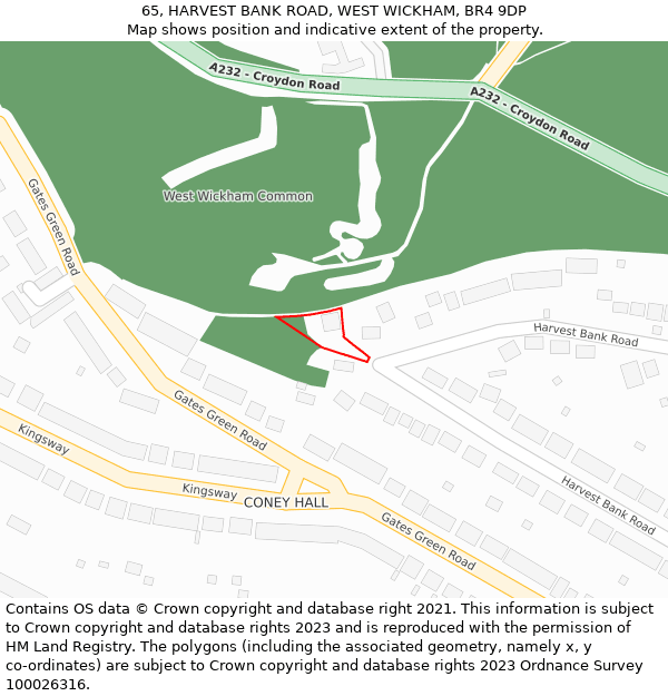 65, HARVEST BANK ROAD, WEST WICKHAM, BR4 9DP: Location map and indicative extent of plot