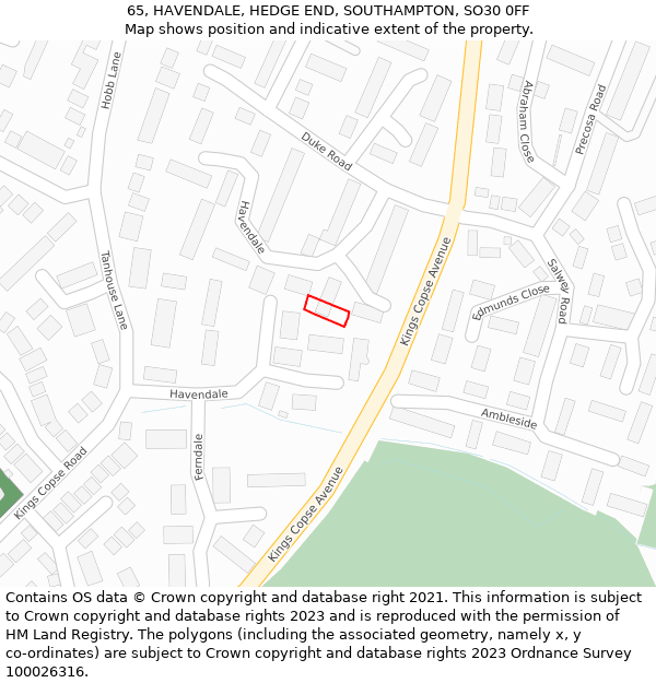 65, HAVENDALE, HEDGE END, SOUTHAMPTON, SO30 0FF: Location map and indicative extent of plot