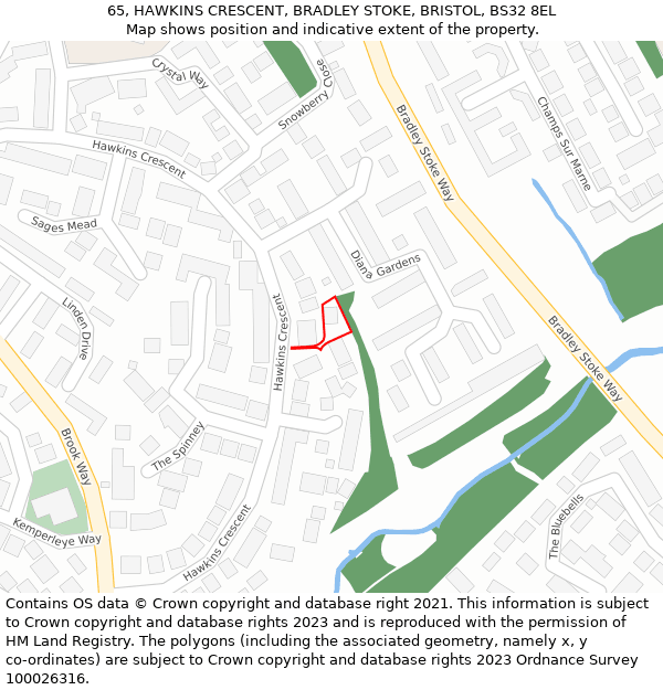 65, HAWKINS CRESCENT, BRADLEY STOKE, BRISTOL, BS32 8EL: Location map and indicative extent of plot