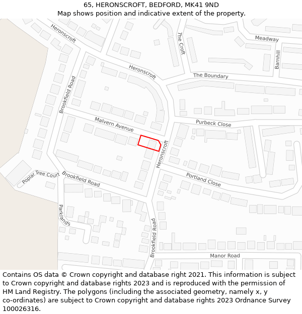 65, HERONSCROFT, BEDFORD, MK41 9ND: Location map and indicative extent of plot